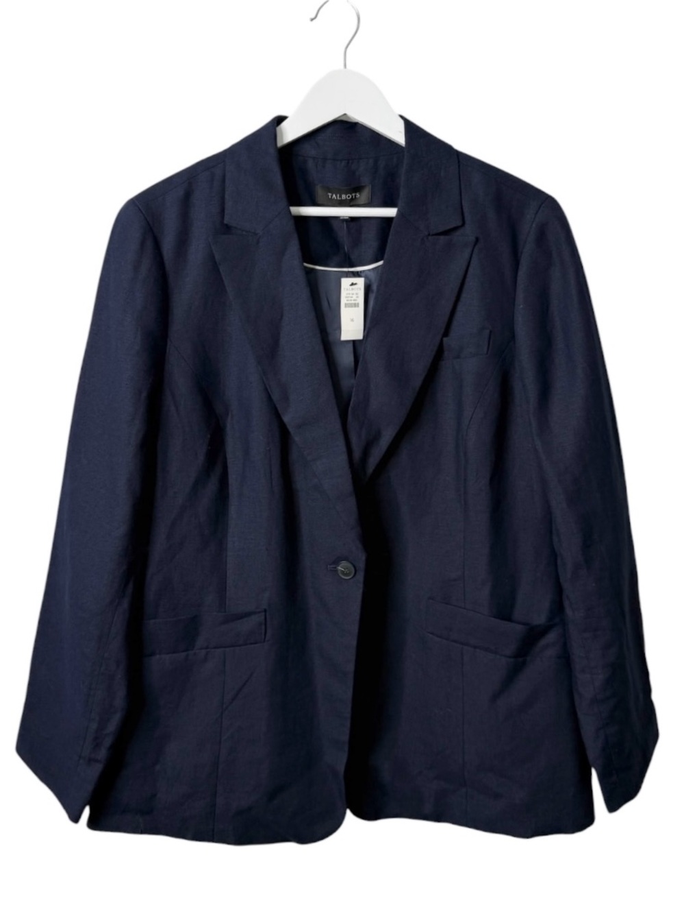 NWT Talbots Linen Single Button Notch Lapel Blazer Jacket Pockets Navy Blue 16